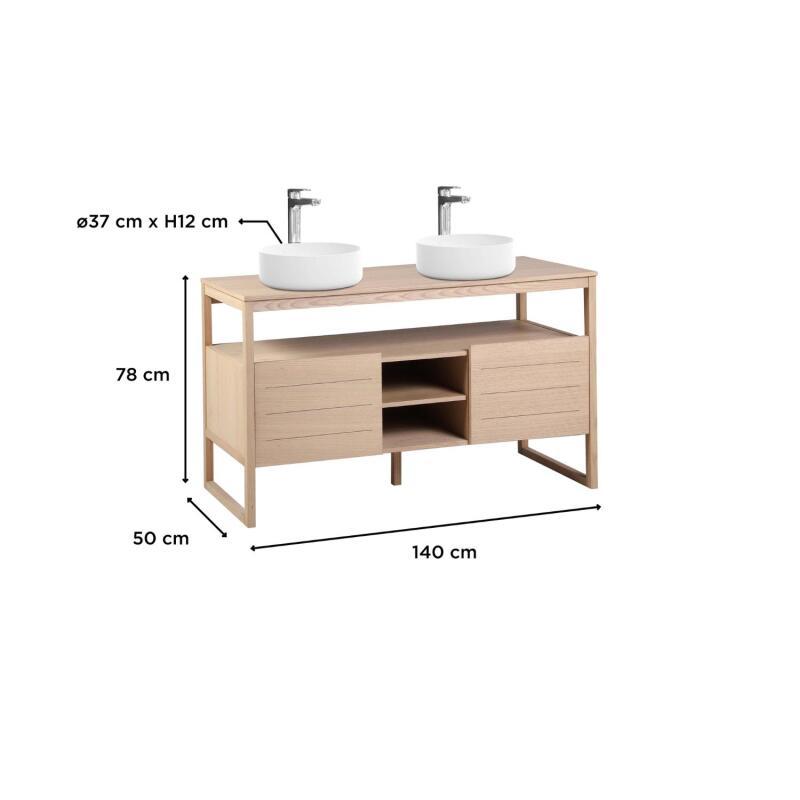 Ensemble meuble double vasque 140cm chêne naturel avec vasques rondes blanches