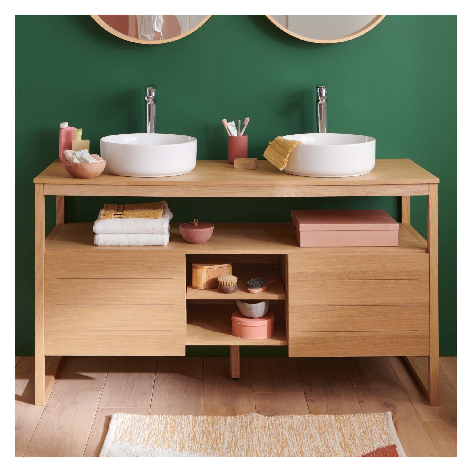 Ensemble meuble double vasque 140cm chêne naturel avec vasques rondes blanches et robinets
