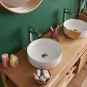 Ensemble meuble double vasque 140cm chêne naturel avec vasques rondes blanches et robinets