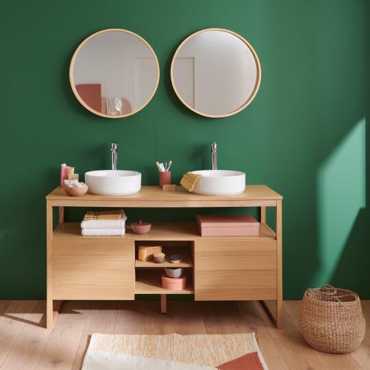 Ensemble double vasque 140cm chêne naturel avec vasques rondes blanches, robinets et miroir