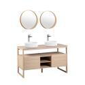 Ensemble double vasque 140cm chêne naturel avec vasques rondes blanches, robinets et miroir