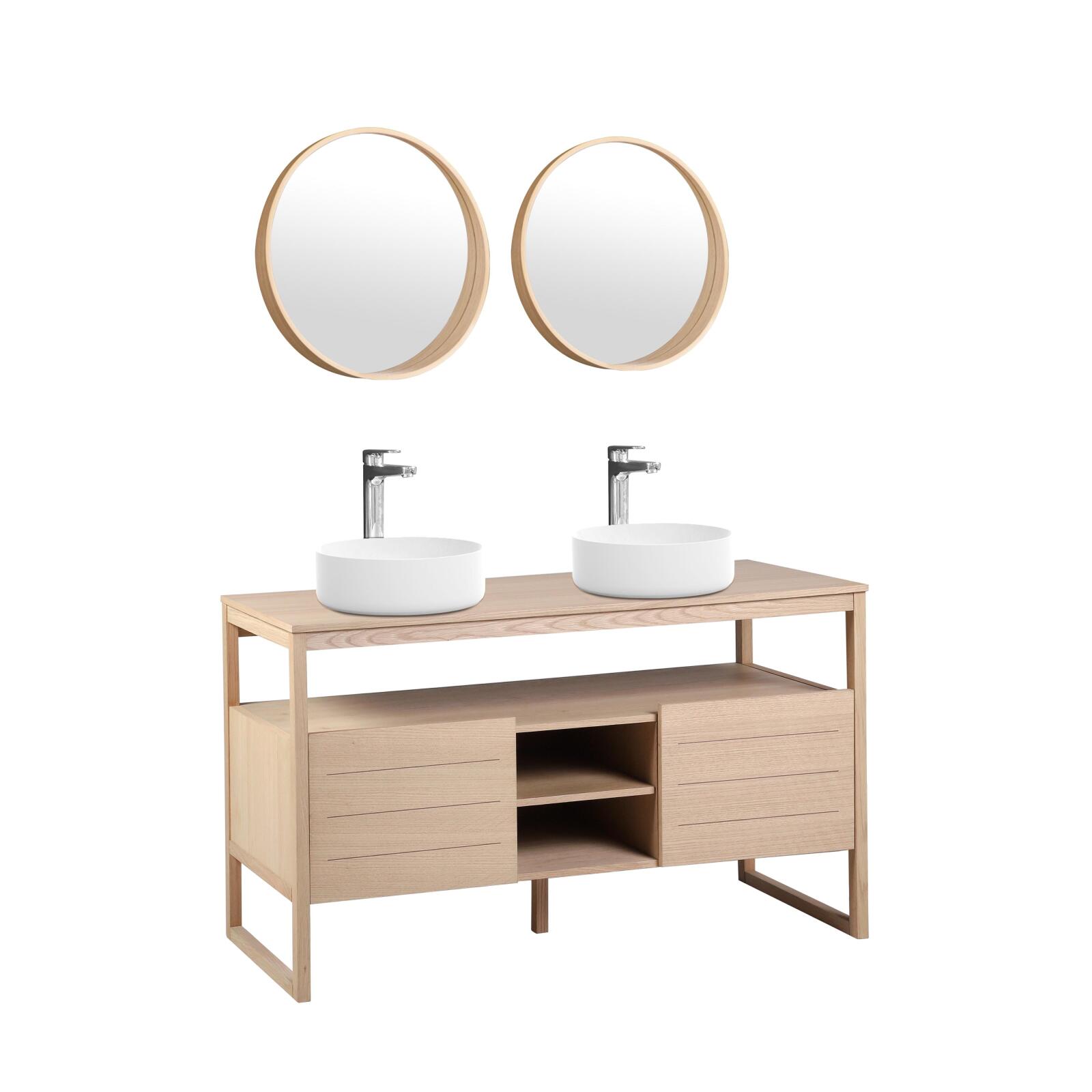Ensemble double vasque 140cm chêne naturel avec vasques rondes blanches, robinets et miroir