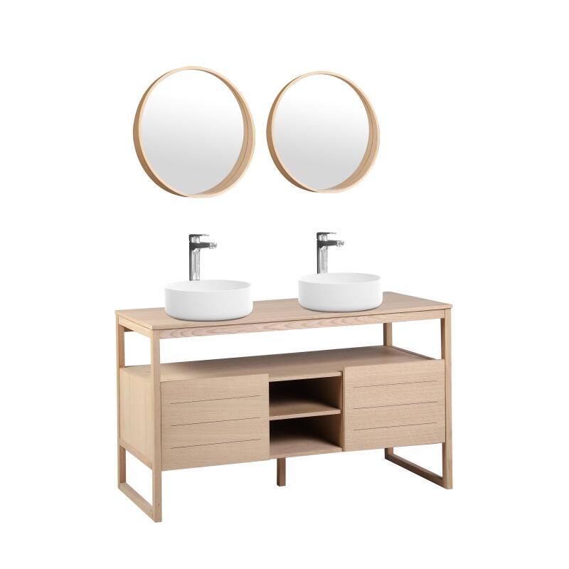 Ensemble double vasque 140cm chêne naturel avec vasques rondes blanches, robinets et miroir