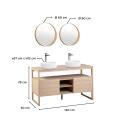 Ensemble double vasque 140cm chêne naturel avec vasques rondes blanches, robinets et miroir