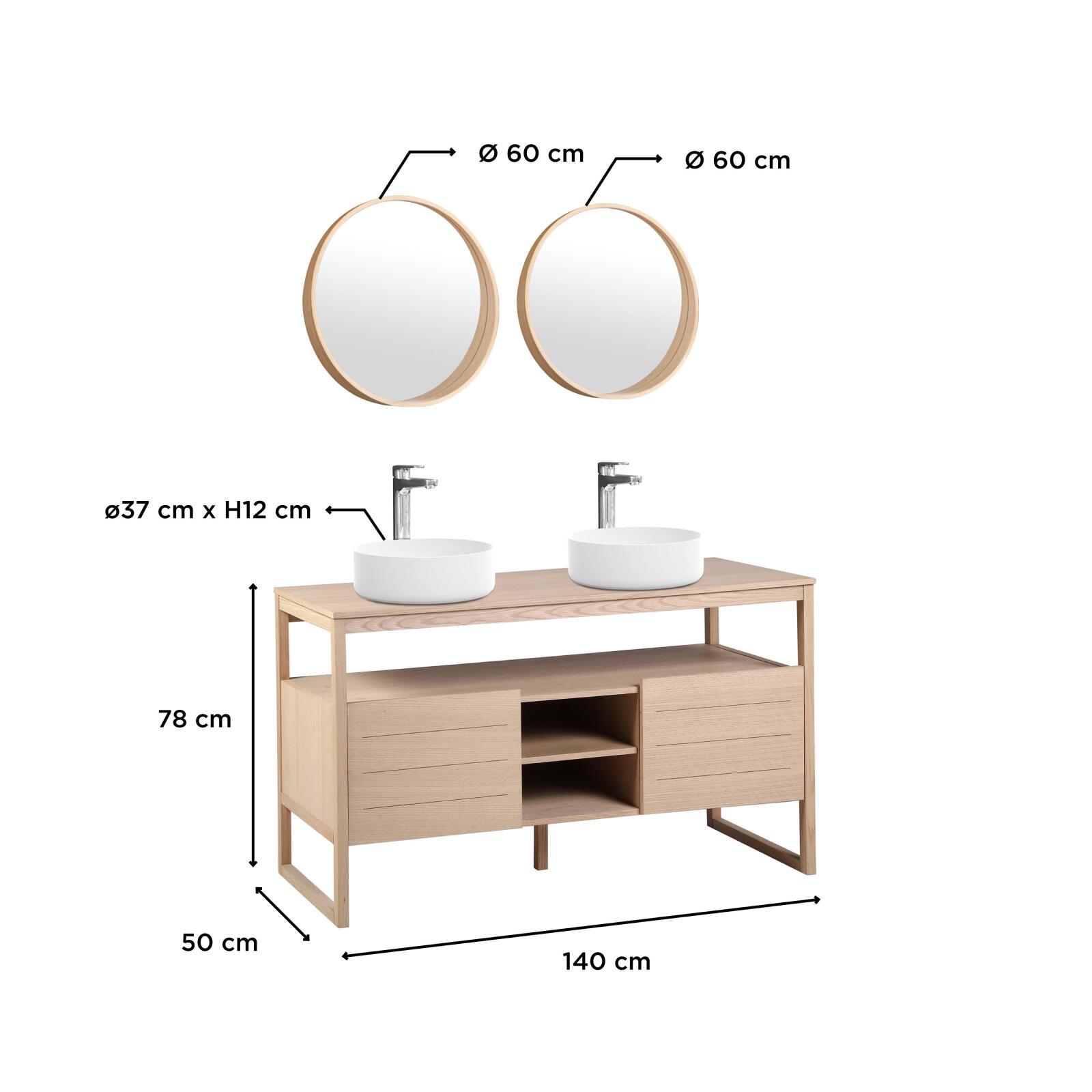Ensemble double vasque 140cm chêne naturel avec vasques rondes blanches, robinets et miroir