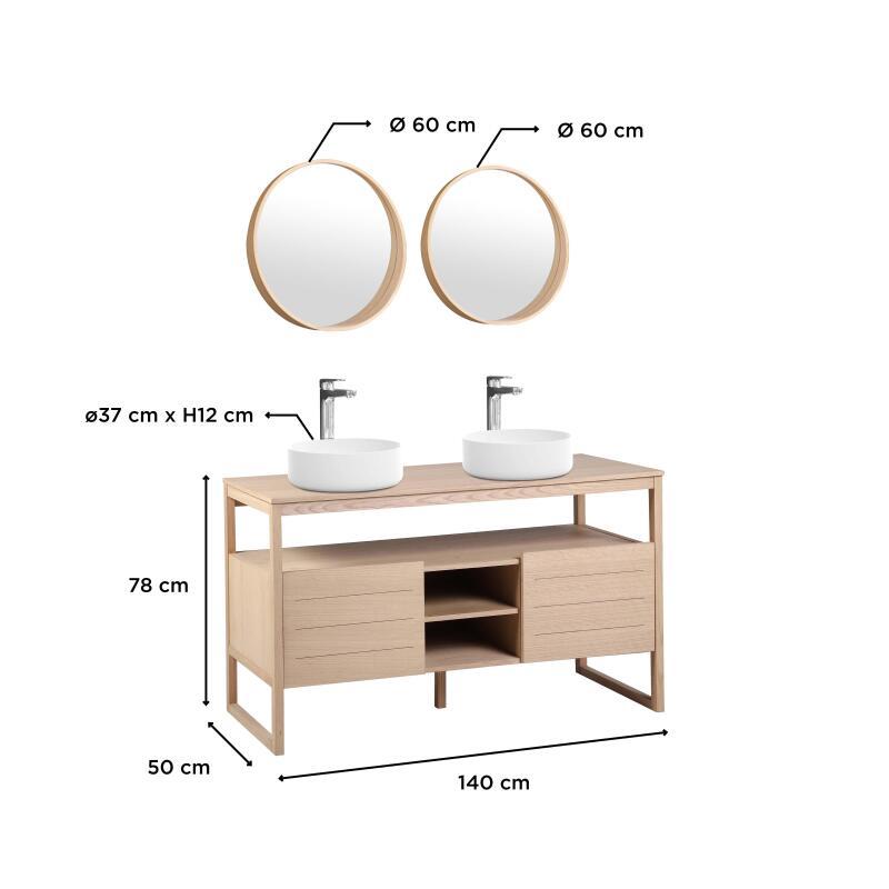 Ensemble double vasque 140cm chêne naturel avec vasques rondes blanches, robinets et miroir