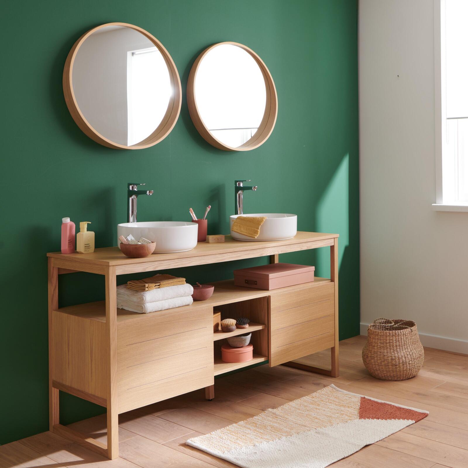 Ensemble double vasque 140cm chêne naturel avec vasques rondes blanches, robinets et miroir