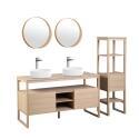 Ensemble salle de bain 140cm double vasque chêne naturel avec colonne, vasques rondes blanches, miroirs et robinets