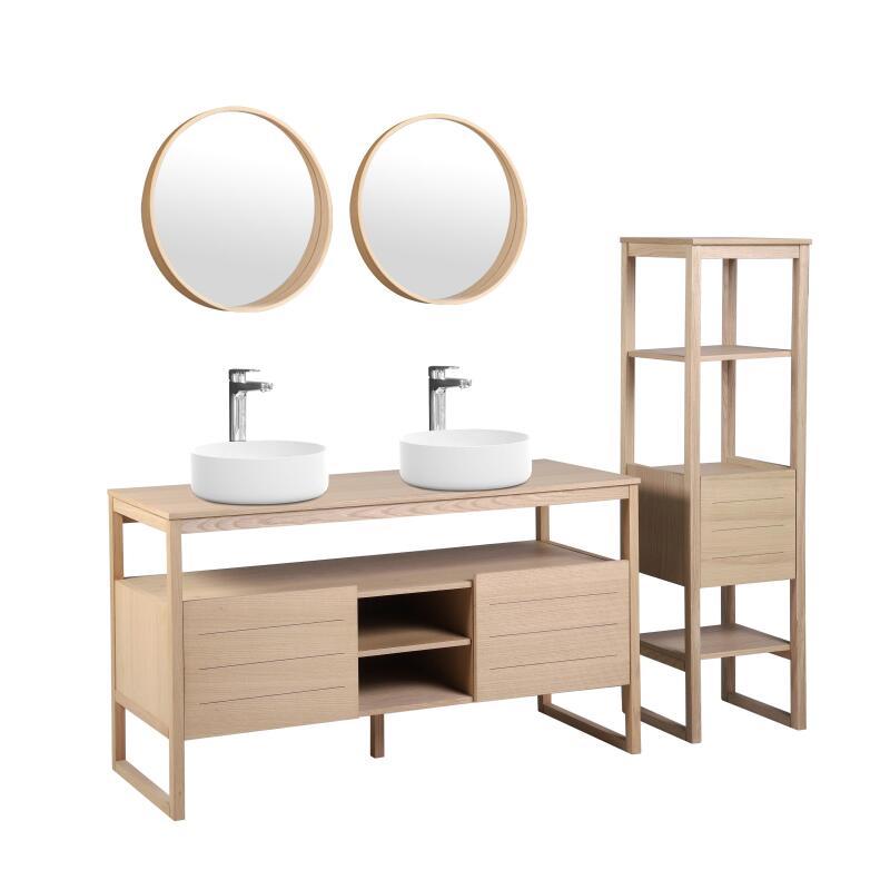 Ensemble salle de bain 140cm double vasque chêne naturel avec colonne, vasques rondes blanches, miroirs et robinets