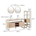 Ensemble salle de bain 140cm double vasque chêne naturel avec colonne, vasques rondes blanches, miroirs et robinets
