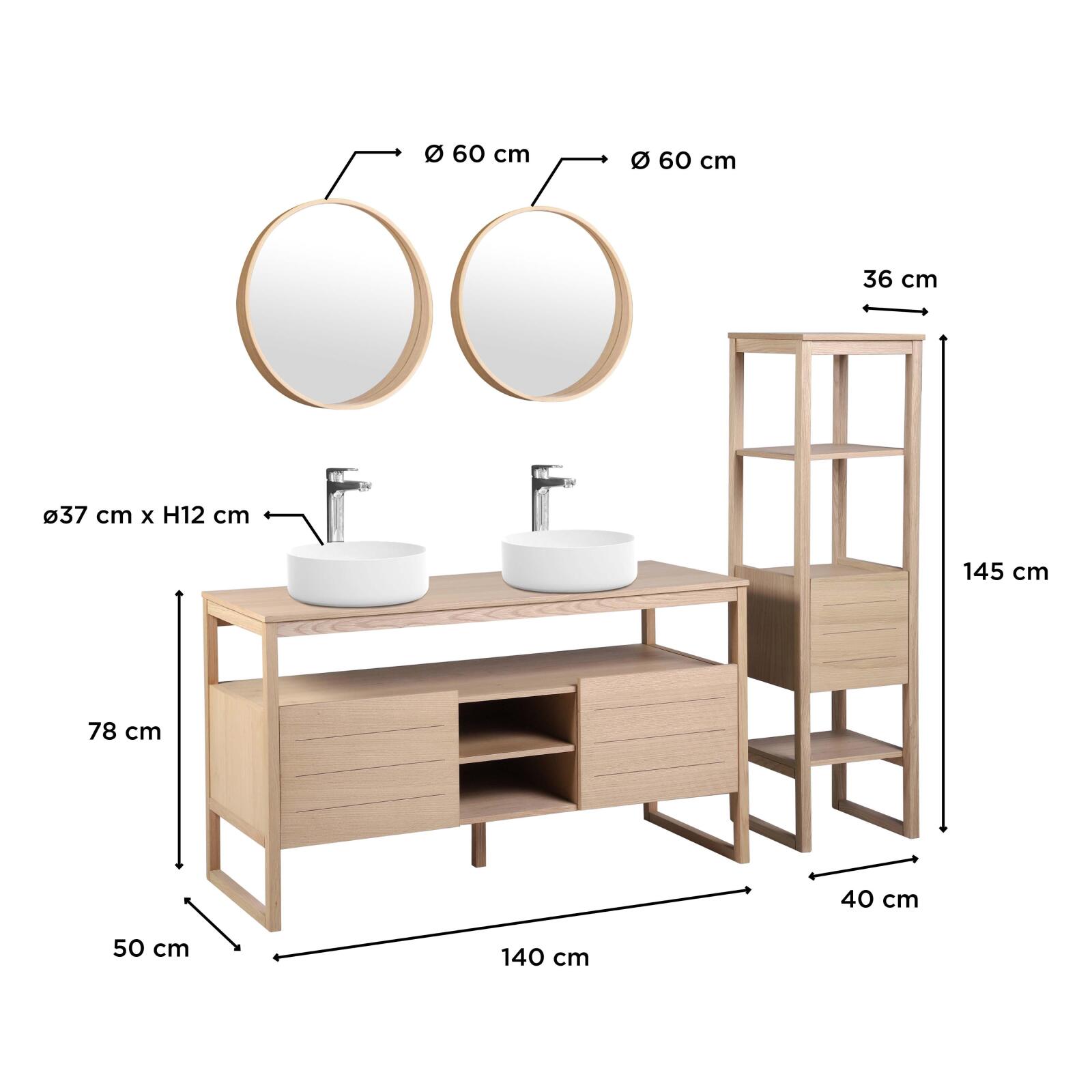 Ensemble salle de bain 140cm double vasque chêne naturel avec colonne, vasques rondes blanches, miroirs et robinets