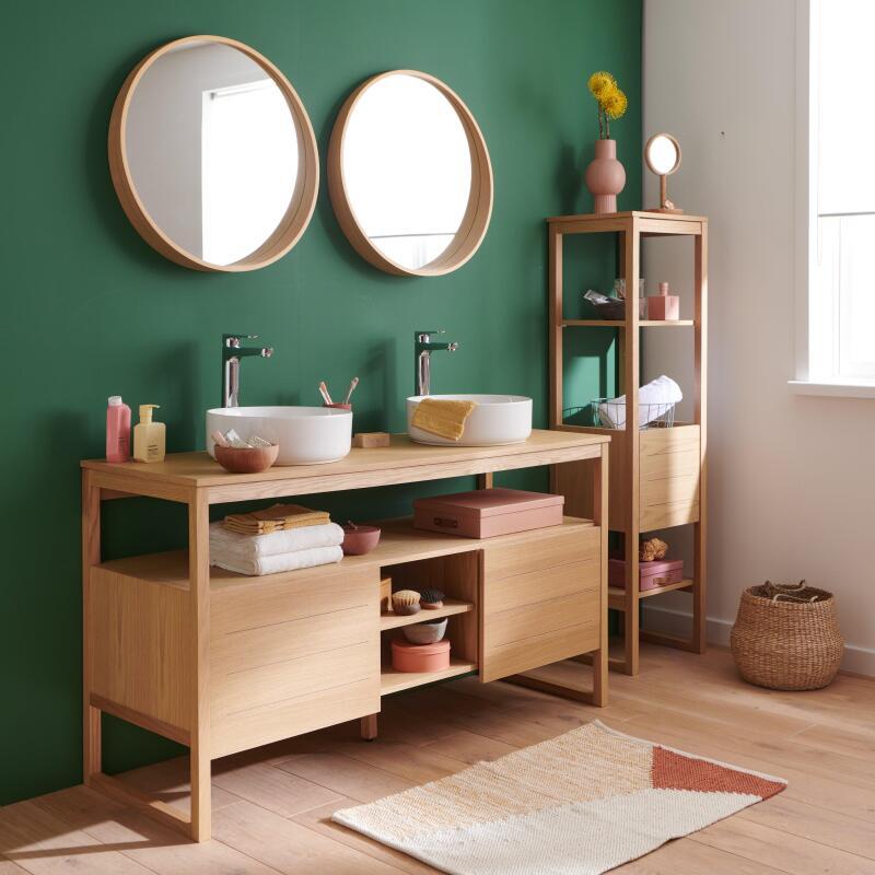 Ensemble salle de bain 140cm double vasque chêne naturel avec colonne, vasques rondes blanches, miroirs et robinets