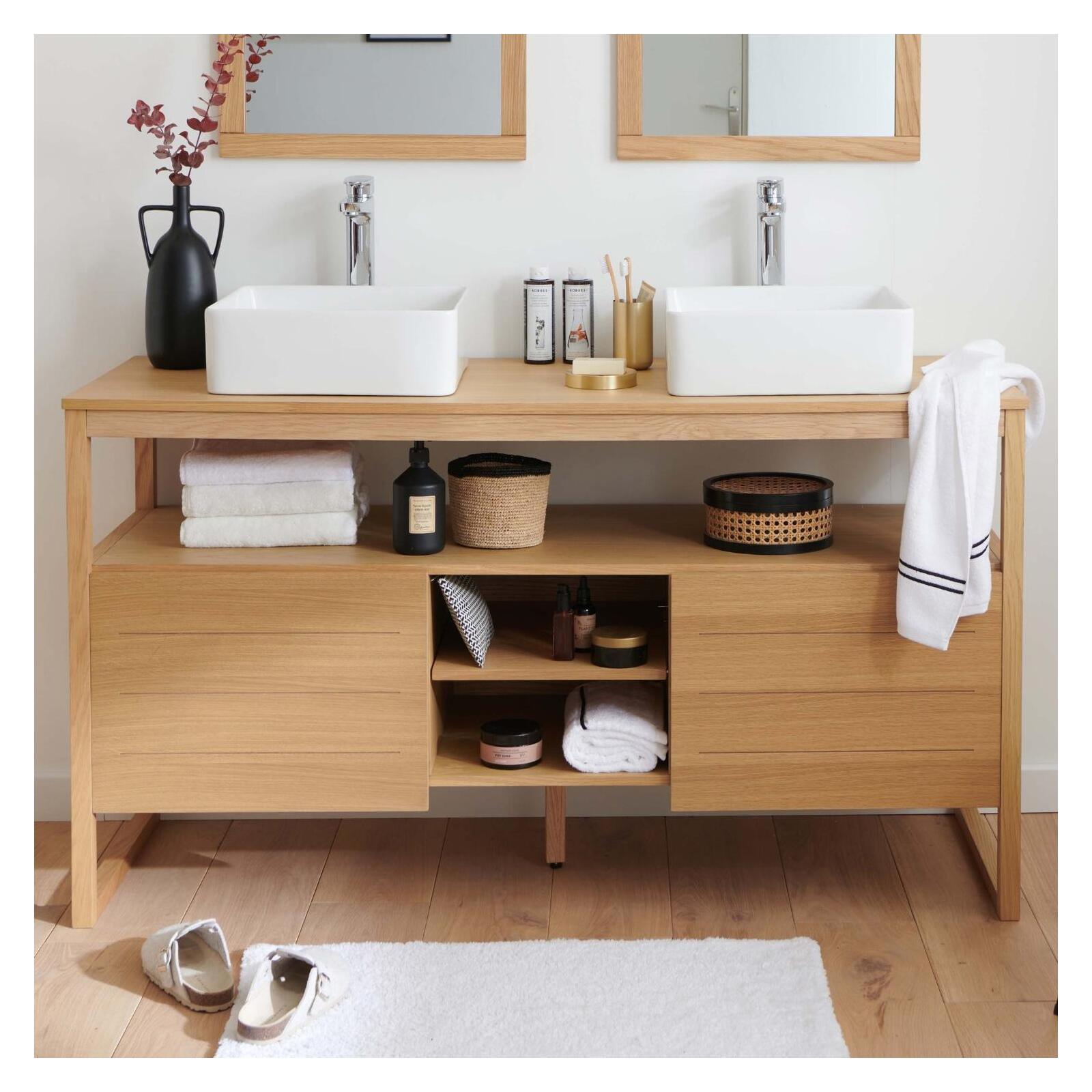 Ensemble meuble double vasque 140cm chêne naturel avec vasques carrées blanches