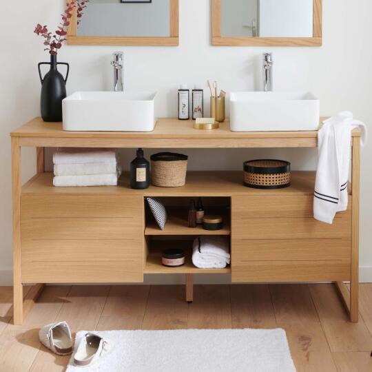 Ensemble meuble double vasque 140cm chêne naturel avec vasques carrées blanches