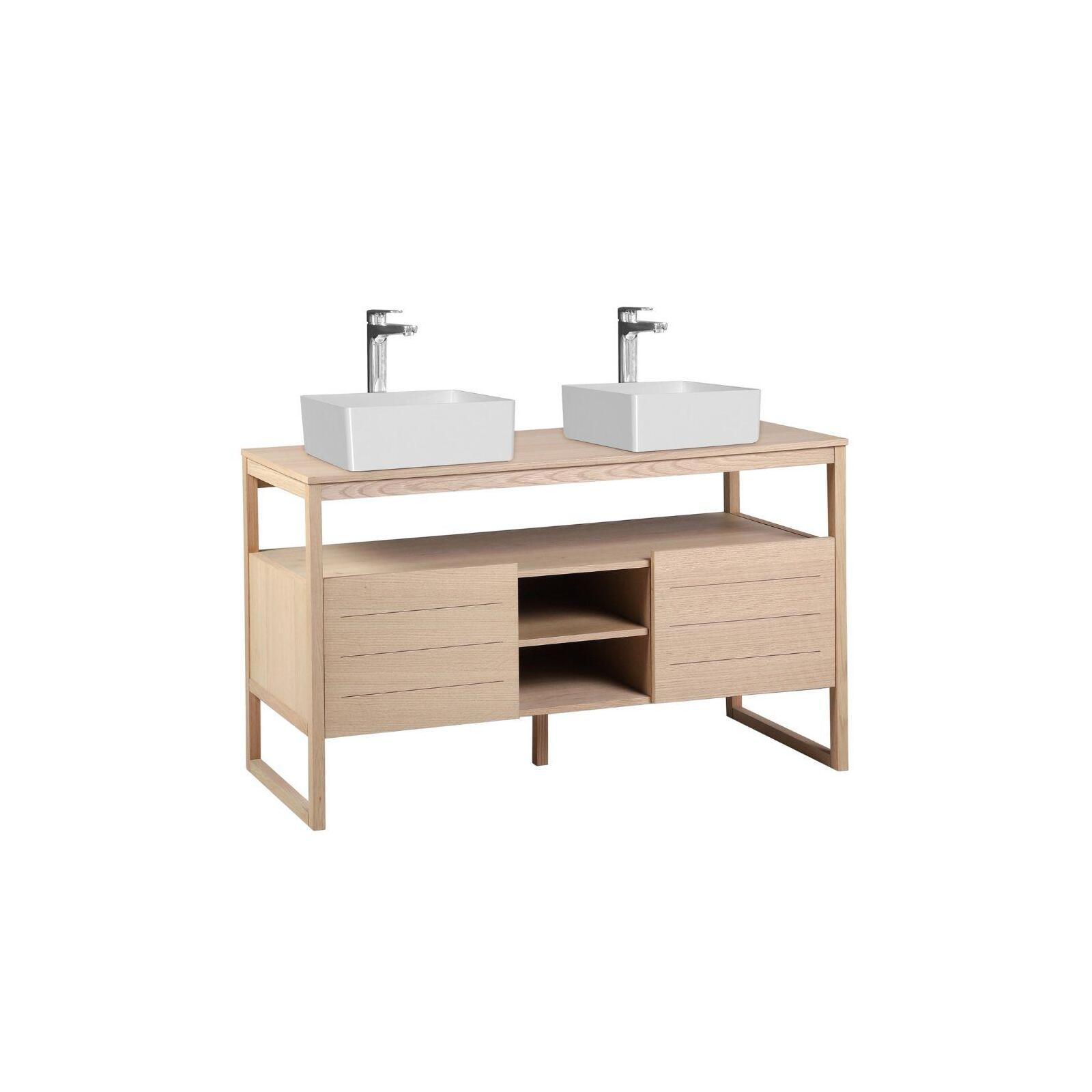 Ensemble meuble double vasque 140cm chêne naturel avec vasques carrées blanches