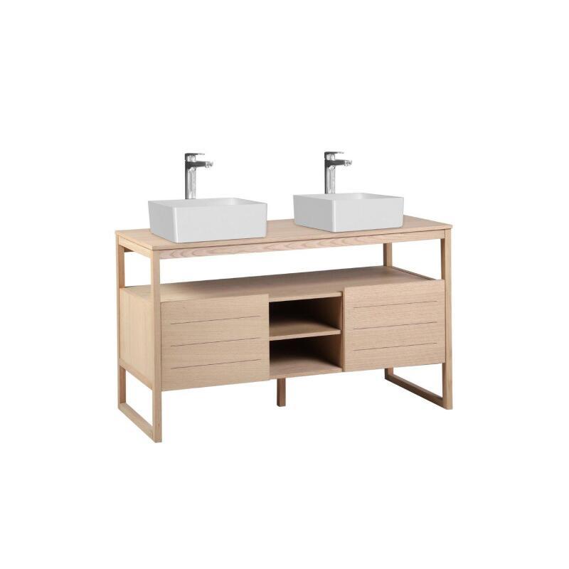 Ensemble meuble double vasque 140cm chêne naturel avec vasques carrées blanches