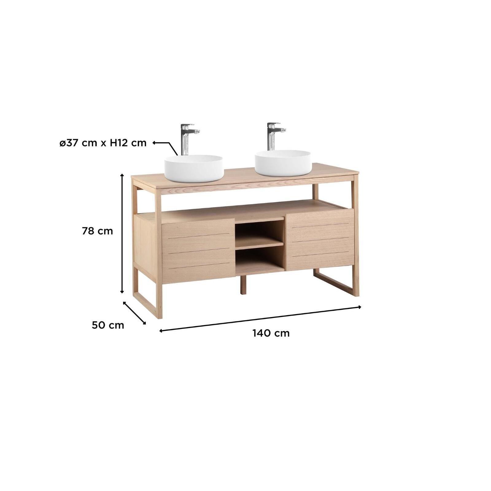 Ensemble meuble double vasque 140cm chêne naturel avec vasques carrées blanches