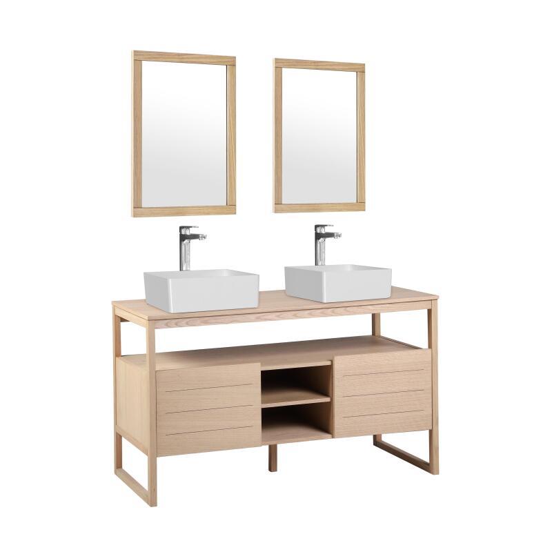 Ensemble double vasque 140cm chêne naturel avec vasques carrées blanches, robinets et miroir