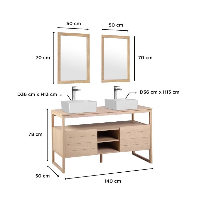 Ensemble double vasque 140cm chêne naturel avec vasques carrées blanches, robinets et miroir