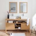 Ensemble double vasque 140cm chêne naturel avec vasques carrées blanches, robinets et miroir