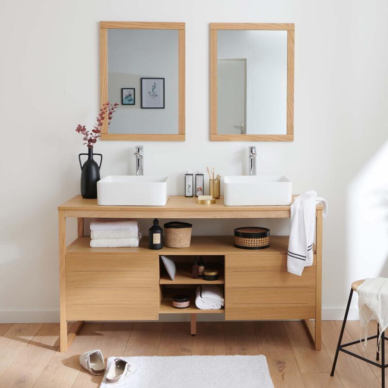 Ensemble double vasque 140cm chêne naturel avec vasques carrées blanches, robinets et miroir