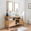 Ensemble double vasque 140cm chêne naturel avec vasques carrées blanches, robinets et miroir
