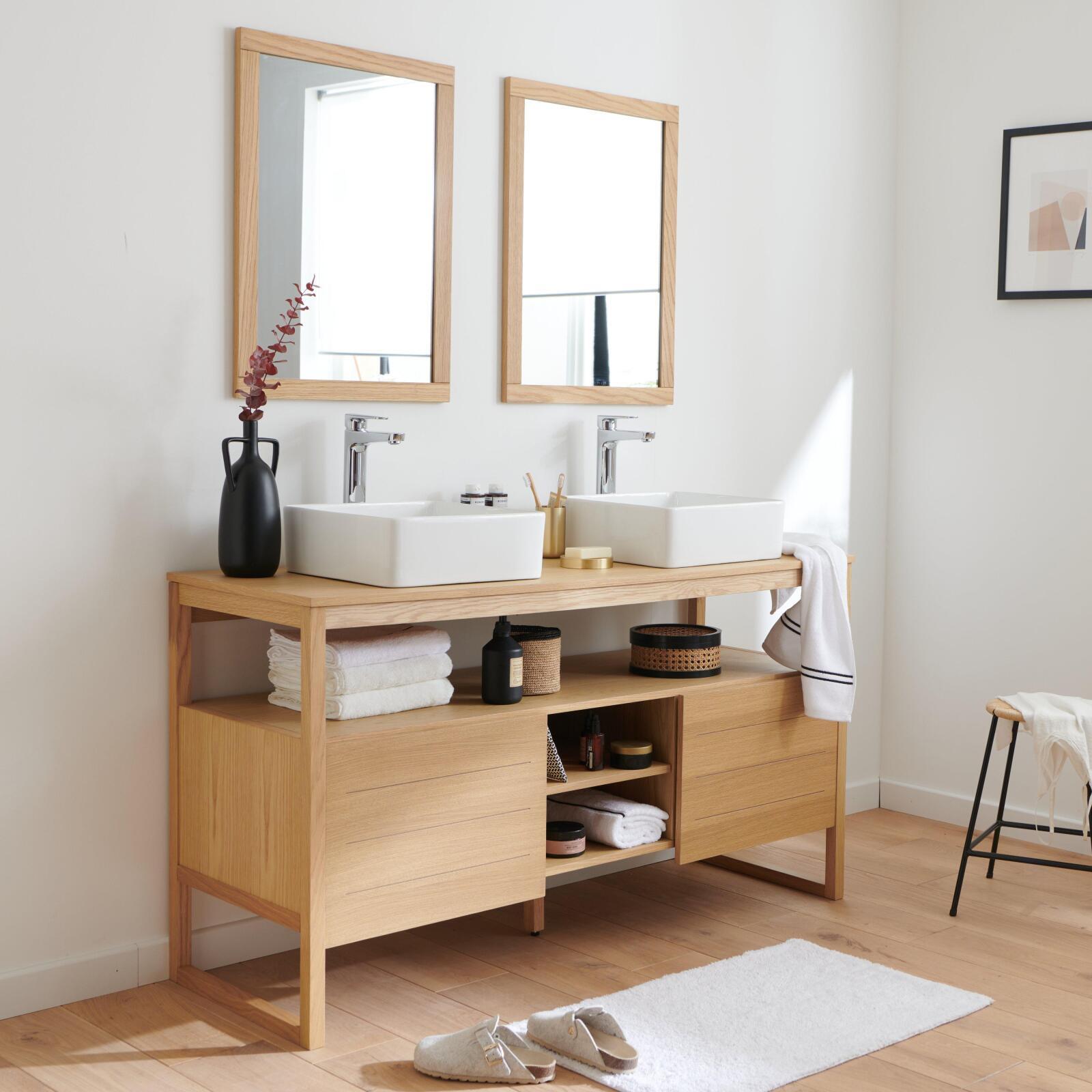 Ensemble double vasque 140cm chêne naturel avec vasques carrées blanches, robinets et miroir