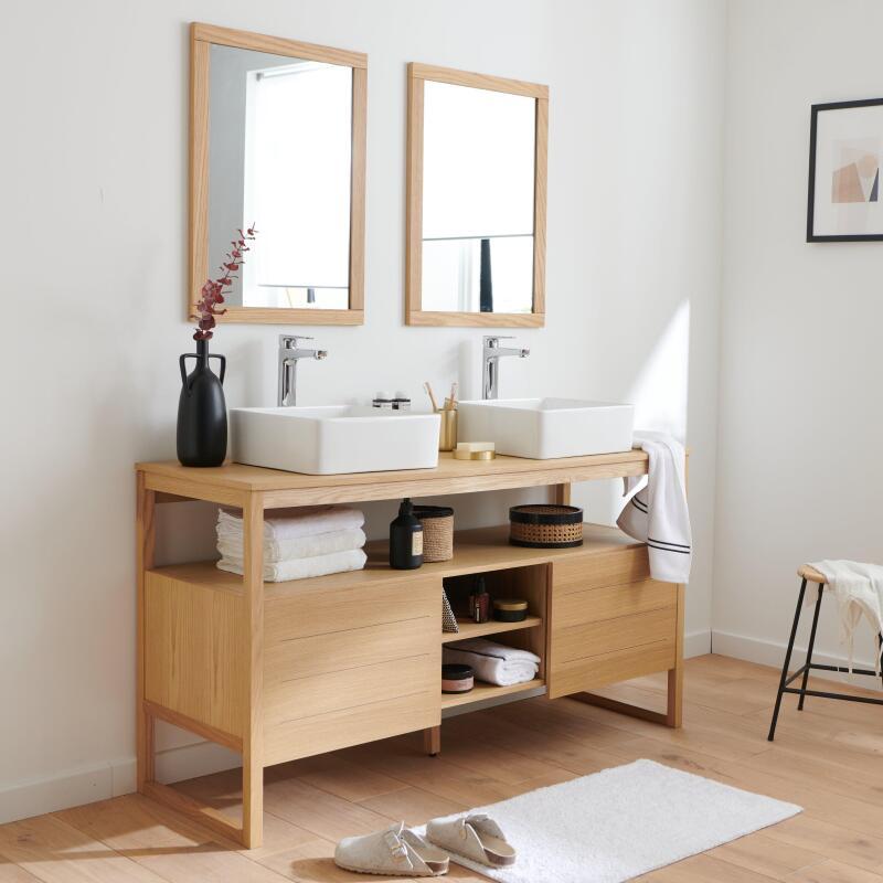 Ensemble double vasque 140cm chêne naturel avec vasques carrées blanches, robinets et miroir