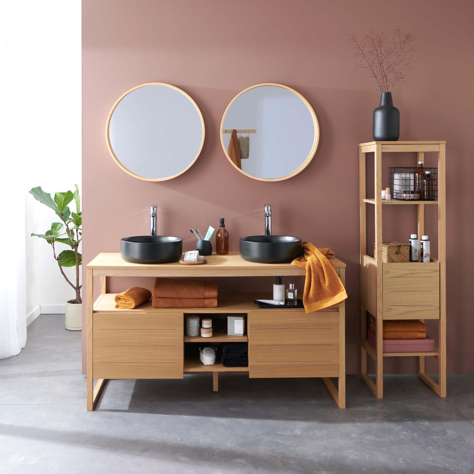 Ensemble salle de bain 140cm double vasque chêne naturel avec colonne, vasques carrées blanches, miroirs et robinets