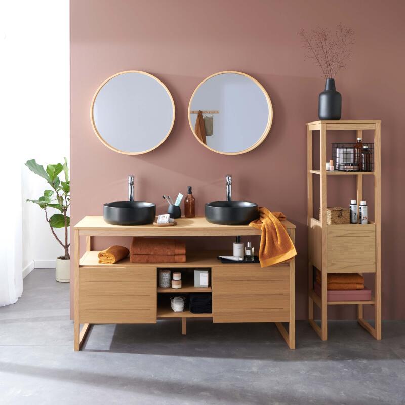 Ensemble salle de bain 140cm double vasque chêne naturel avec colonne, vasques carrées blanches, miroirs et robinets