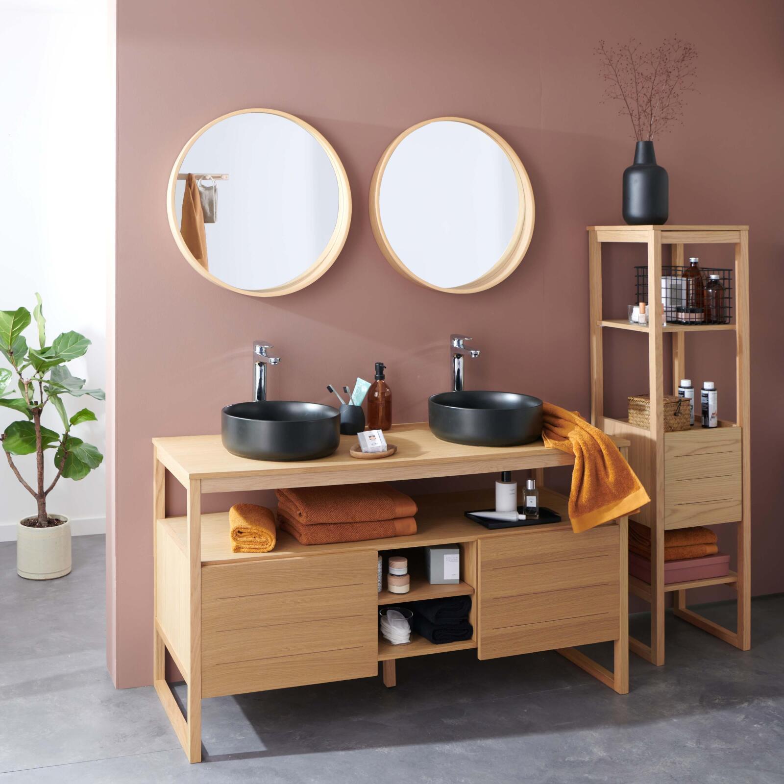 Ensemble salle de bain 140cm double vasque chêne naturel avec colonne, vasques carrées blanches, miroirs et robinets