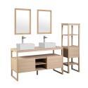 Ensemble salle de bain 140cm double vasque chêne naturel avec colonne, vasques carrées blanches, miroirs et robinets