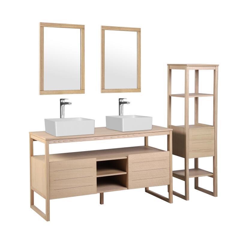 Ensemble salle de bain 140cm double vasque chêne naturel avec colonne, vasques carrées blanches, miroirs et robinets