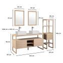 Ensemble salle de bain 140cm double vasque chêne naturel avec colonne, vasques carrées blanches, miroirs et robinets