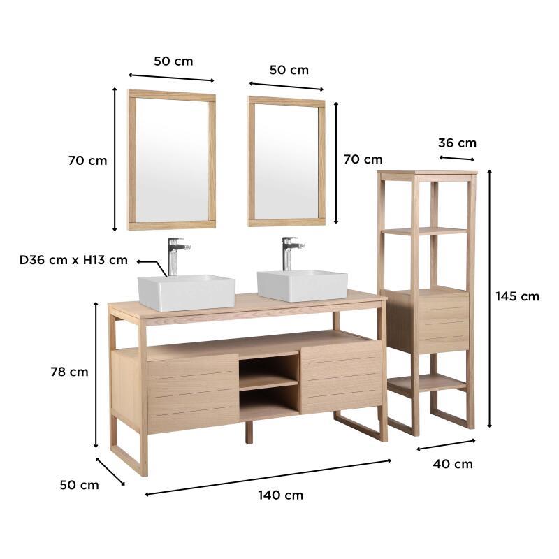 Ensemble salle de bain 140cm double vasque chêne naturel avec colonne, vasques carrées blanches, miroirs et robinets