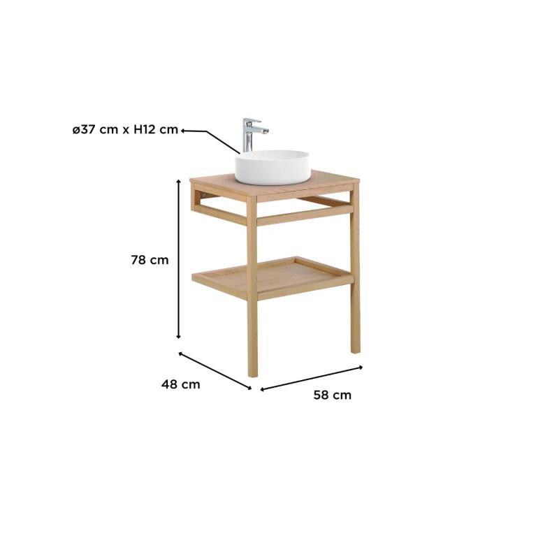 Meuble de salle de bain structure métal noir plan bois et vasque ronde