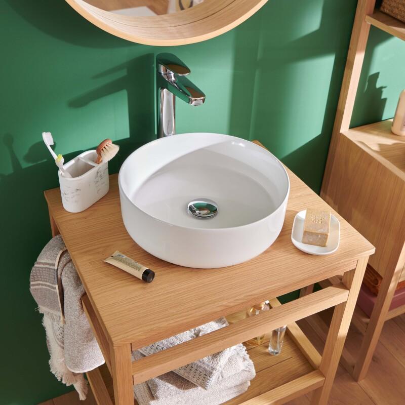 Meuble de salle de bain structure métal noir plan bois et vasque ronde