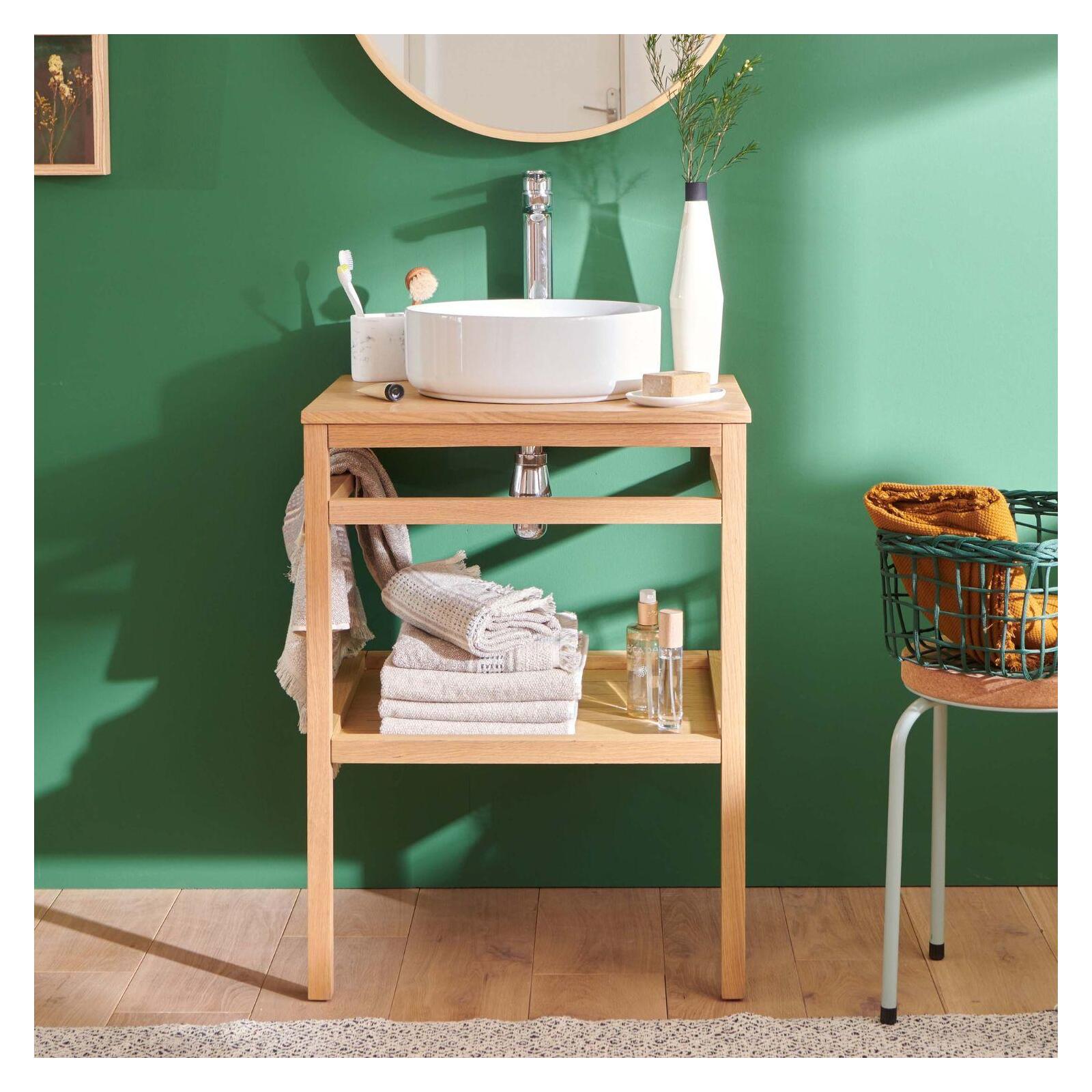 Meuble de salle de bain en chêne avec vasque ronde et robinet