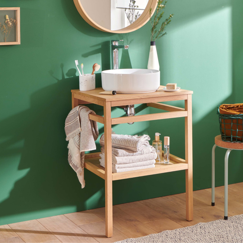 Meuble de salle de bain en chêne avec vasque ronde et robinet