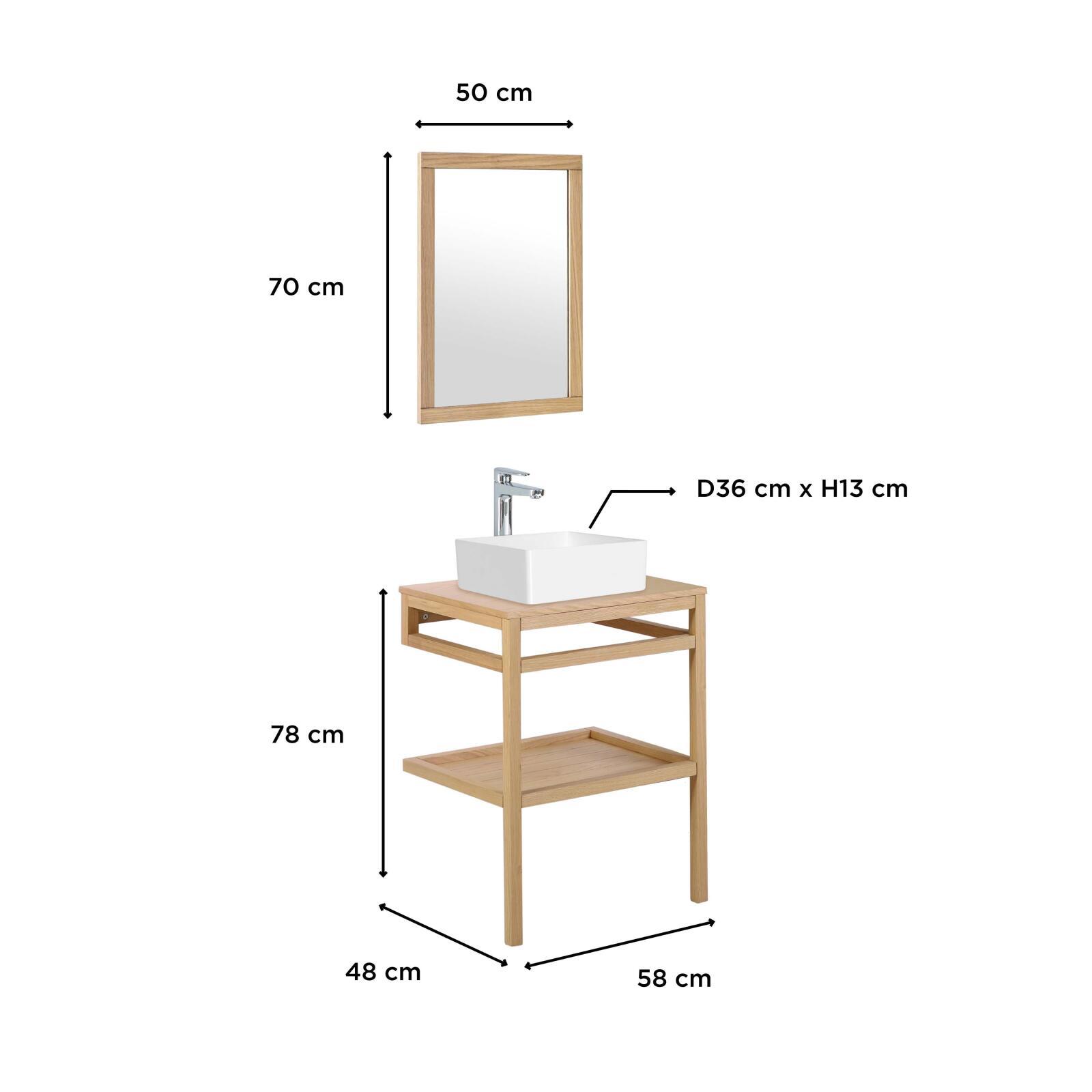 Meuble de salle de bain en chêne avec vasque carrée robinet et miroir