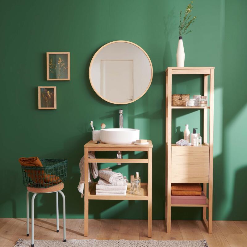Meuble de salle de bain en chêne avec vasque ronde robinet miroir et colonne