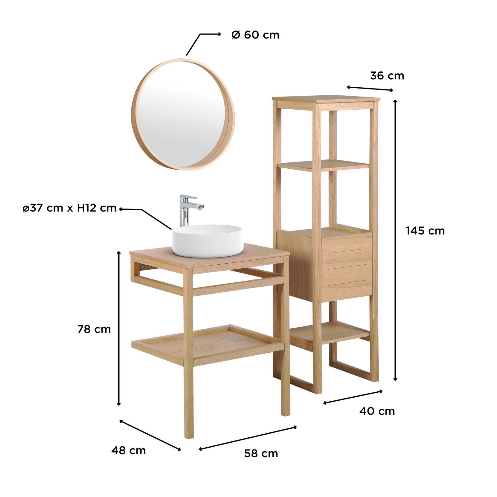 Meuble de salle de bain en chêne avec vasque ronde robinet miroir et colonne