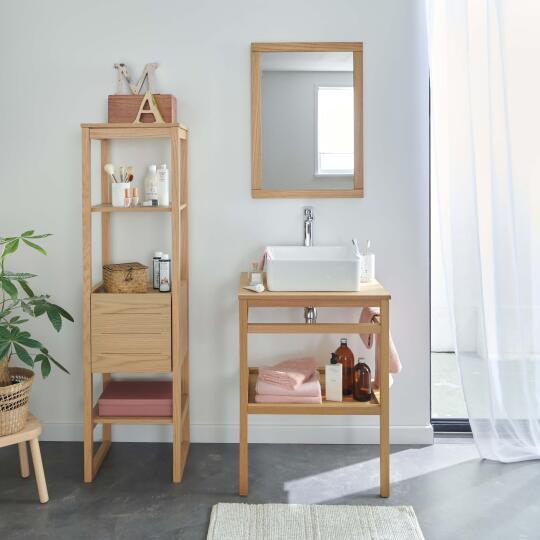 Meuble de salle de bain en chêne avec vasque carrée robinet miroir et colonne