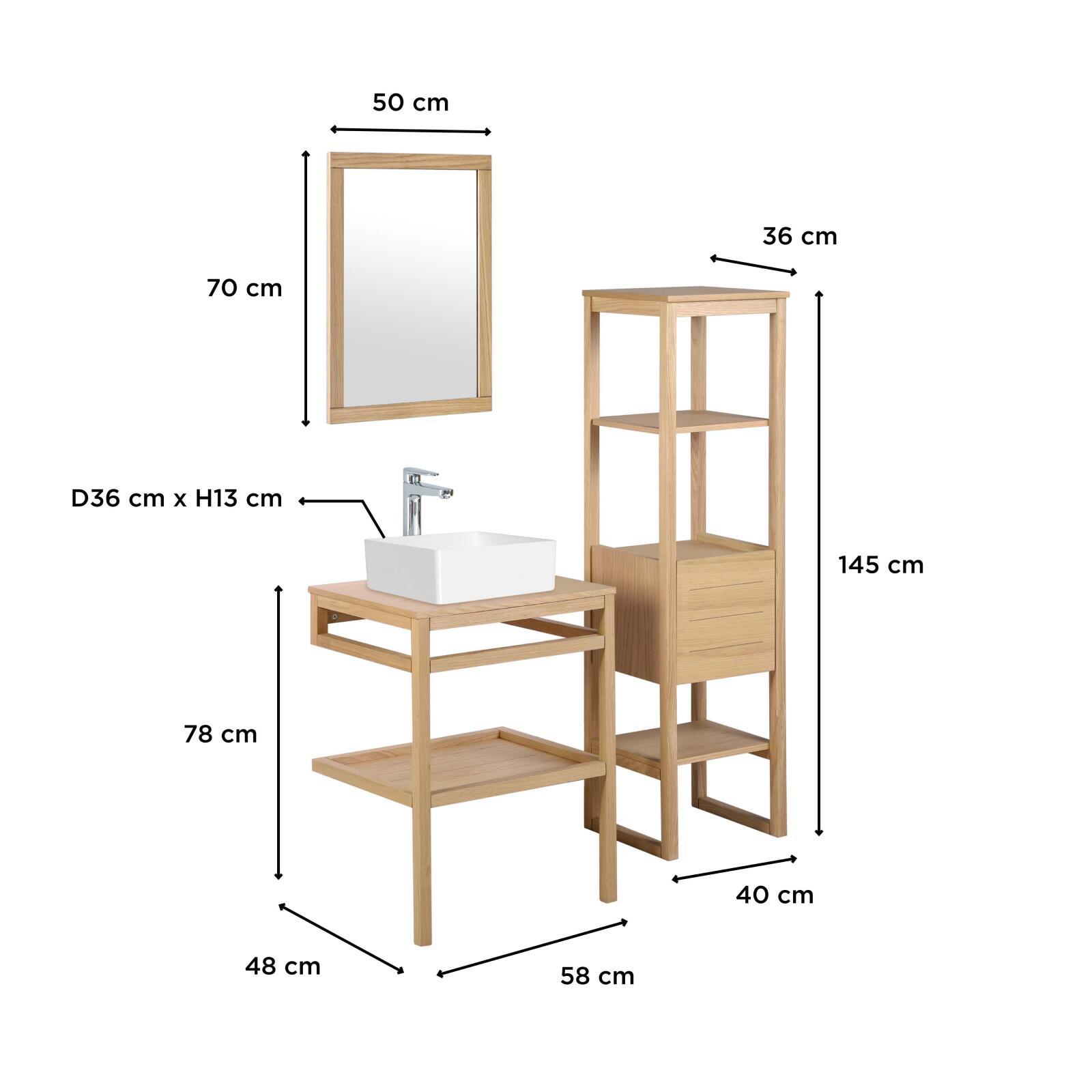 Meuble de salle de bain en chêne avec vasque carrée robinet miroir et colonne