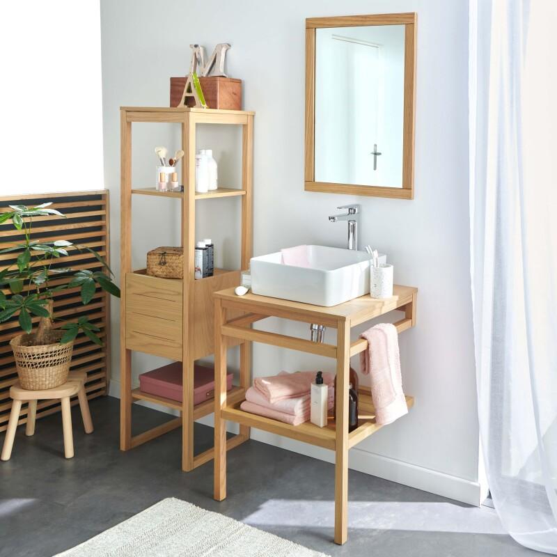 Meuble de salle de bain en chêne avec vasque carrée robinet miroir et colonne