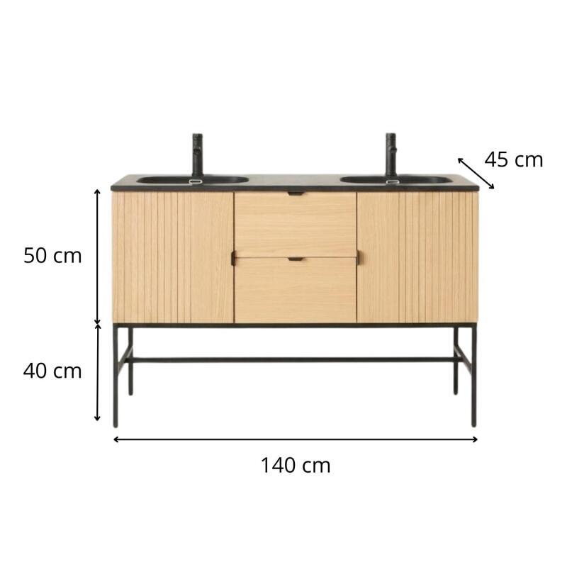 Meuble de salle de bain en chêne avec plan vasque noir et robinets noir