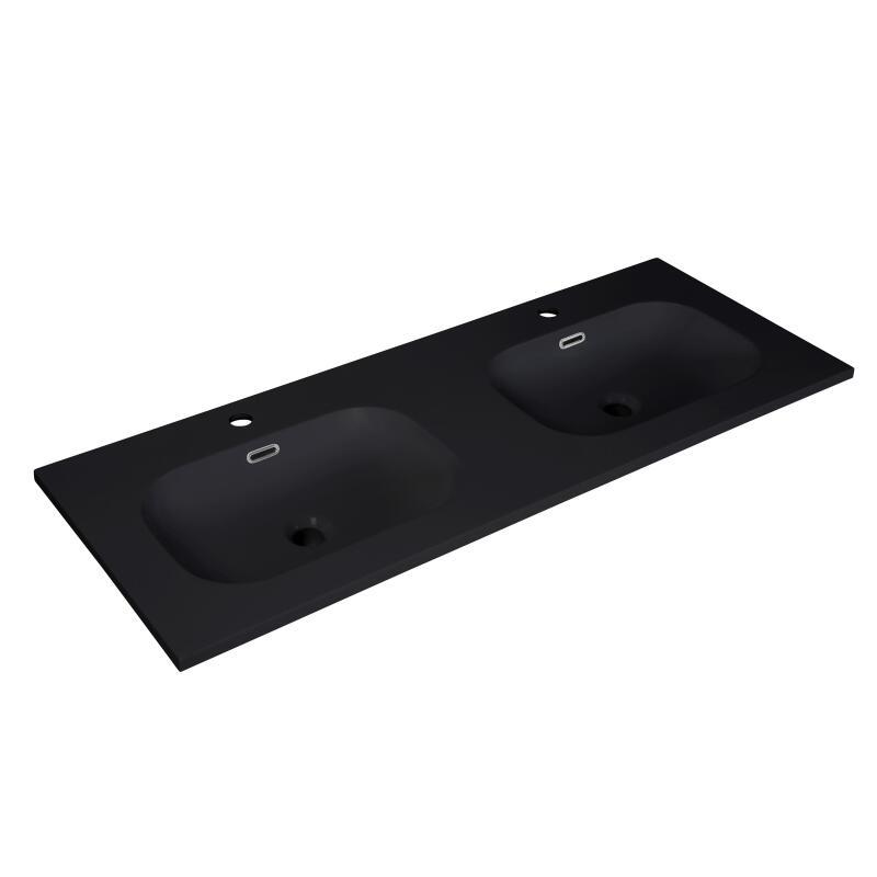 Meuble de salle de bain en chêne avec plan vasque noir et robinets noir