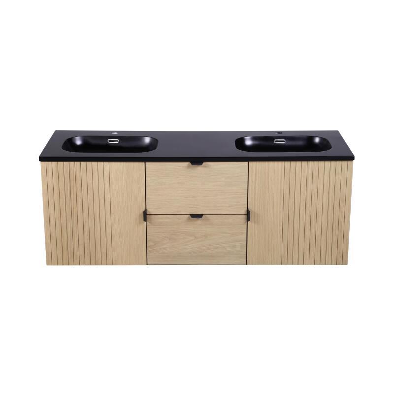 Meuble de salle de bain en chêne avec robinets chromés et miroir ronds