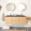 Meuble de salle de bain en chêne avec robinets chromés et miroir ronds