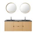 Meuble de salle de bain en chêne avec robinets chromés et miroir ronds